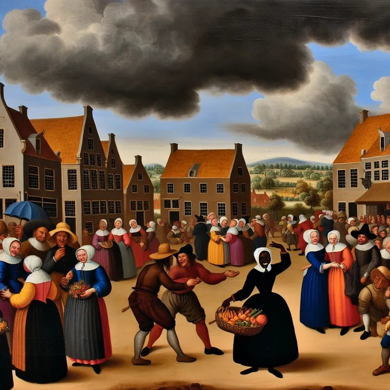 Een levendig dorpsplein op een zonnige dag met mensen die genieten, terwijl donkere wolken in de achtergrond dreigen met een storm.