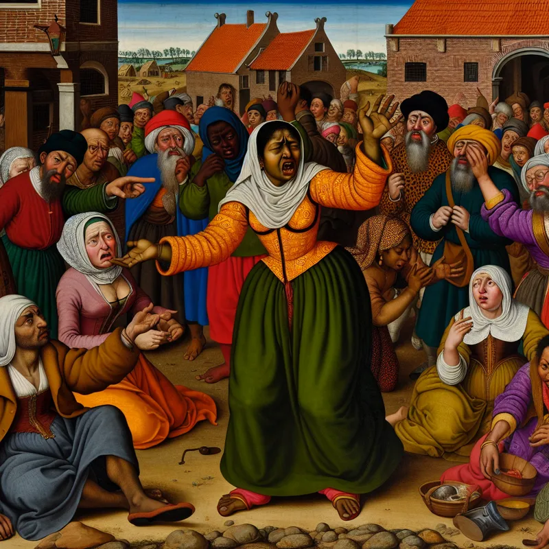 Een vrouw in het centrum van een levendig dorpsplein roept om hulp tijdens een crisis.