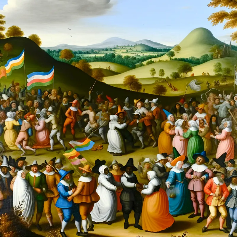 Een levendig tafereel van een diverse groep mensen die samenkomen om te vieren in een groen landschap, met kleurrijke banners en vlaggen die wapperen in de lucht.