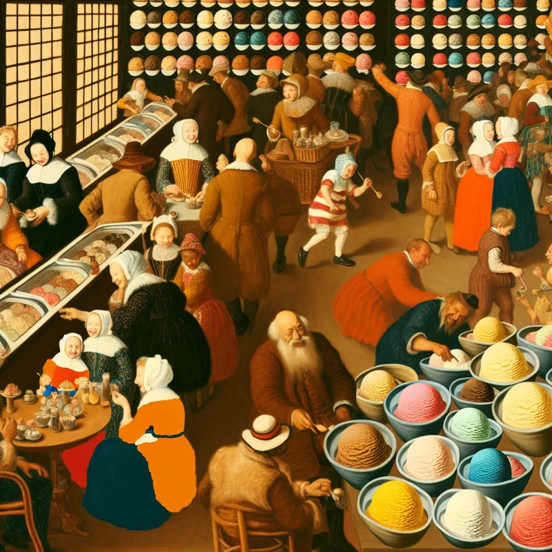 Een levendig ijsparadijs vol mensen die genieten van verschillende smaken ijs.