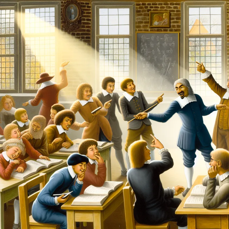Een drukke en levendige klaslokaal scène met leerlingen die bezig zijn, een enthousiaste leraar die naar het krijtbord wijst en zonlicht dat door grote ramen straalt.