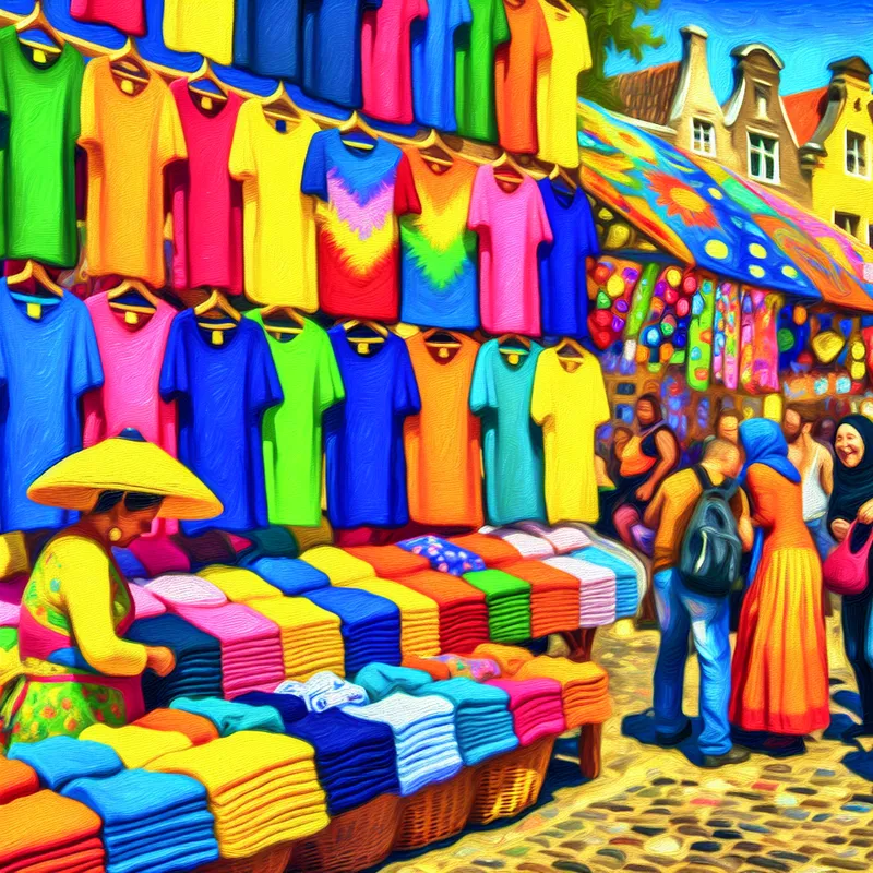 Een levendig buitenscene van een markt met kleurrijke katoenen T-shirts die aan een rek hangen, omringd door mensen die vrolijk winkelen.