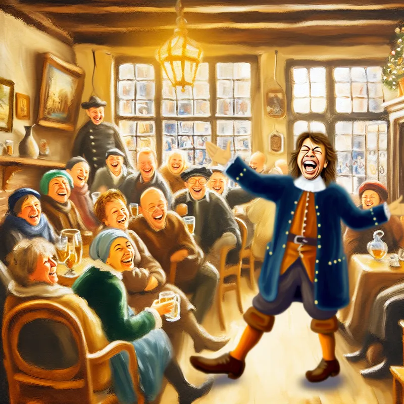 Een levendig tafereel in een Nederlands café met een vrolijke Dominique die verhalen vertelt aan vrienden.