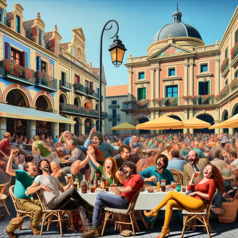 Een levendige publieke ruimte met vrienden die aan tafels zitten, lachend en genietend van hun drankjes, omringd door cafés en kleurrijke bloemen.