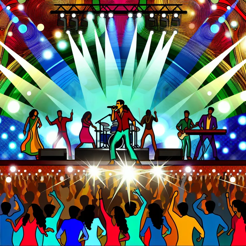 Een energieke popconcert met dansende mensen, een charismatische zanger en kleurrijke lichten op het podium.