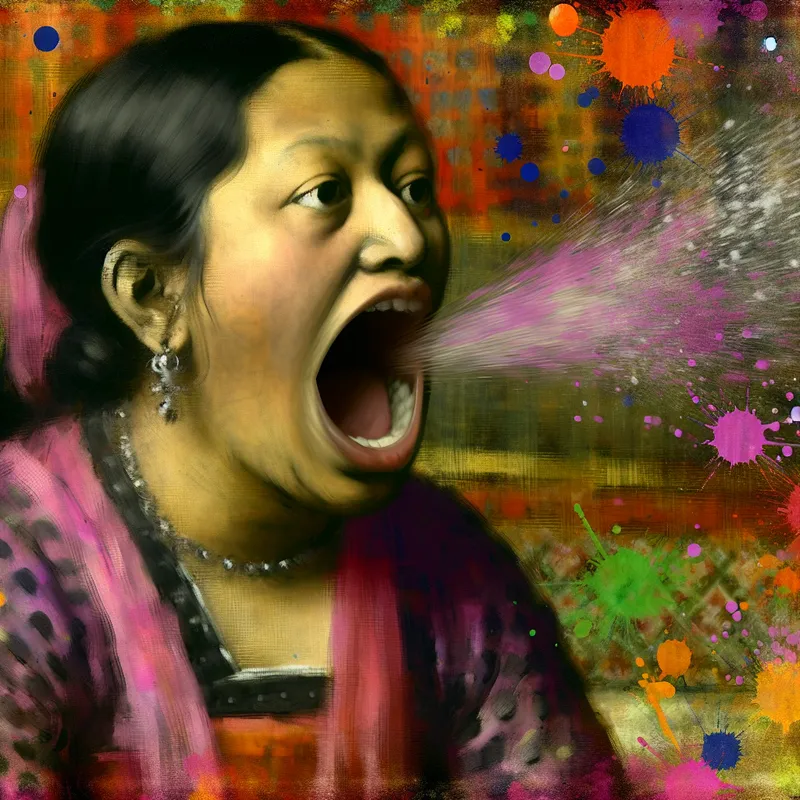 Portret van een persoon met een grote open mond, druk in gesprek, met een levendige achtergrond.