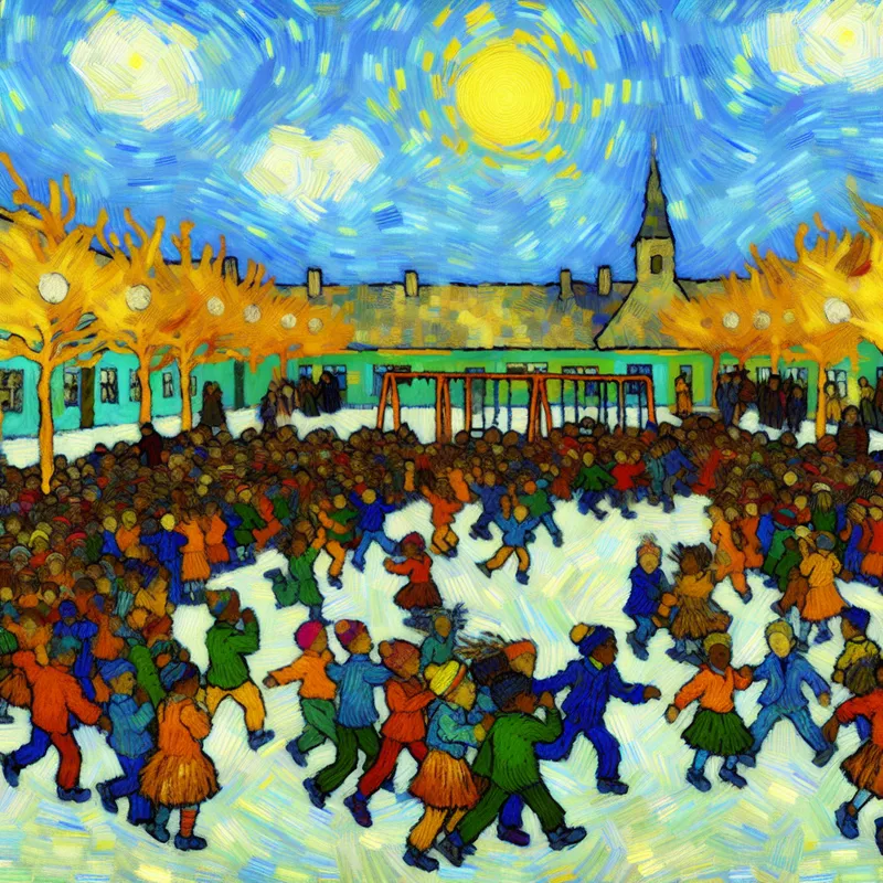 Een kleurrijke schoolplein vol kinderen die vrolijk samenkomen na de bel, met een speeltoestellen zoals schommels en glijbanen en een heldere blauwe lucht.