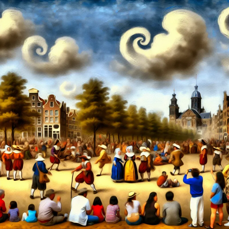 Een levendig stadslandschap met groepen toeristen en iconische bezienswaardigheden onder een dramatische lucht.