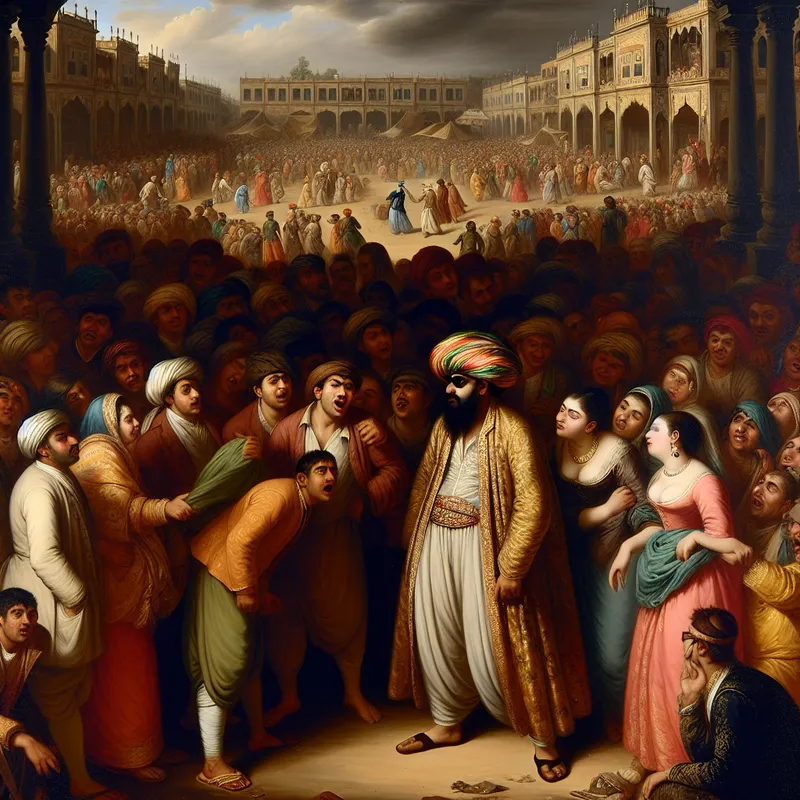 Een menigte in een levendig stadsplein, met een verbijsterde man in het midden die aangewezen wordt door lachende toeschouwers.