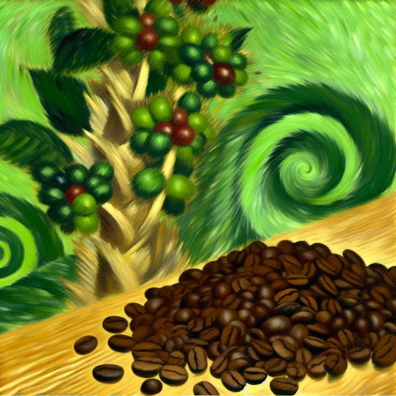 Een levendig stillleven met verse koffiebonen verspreid over een houten tafel.