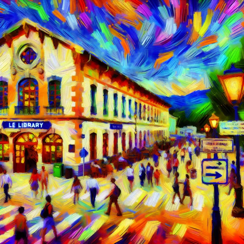 Een levendig straatbeeld met een bibliotheek aan de rechterkant, omgeven door drukke mensen en kleurrijke bomen.