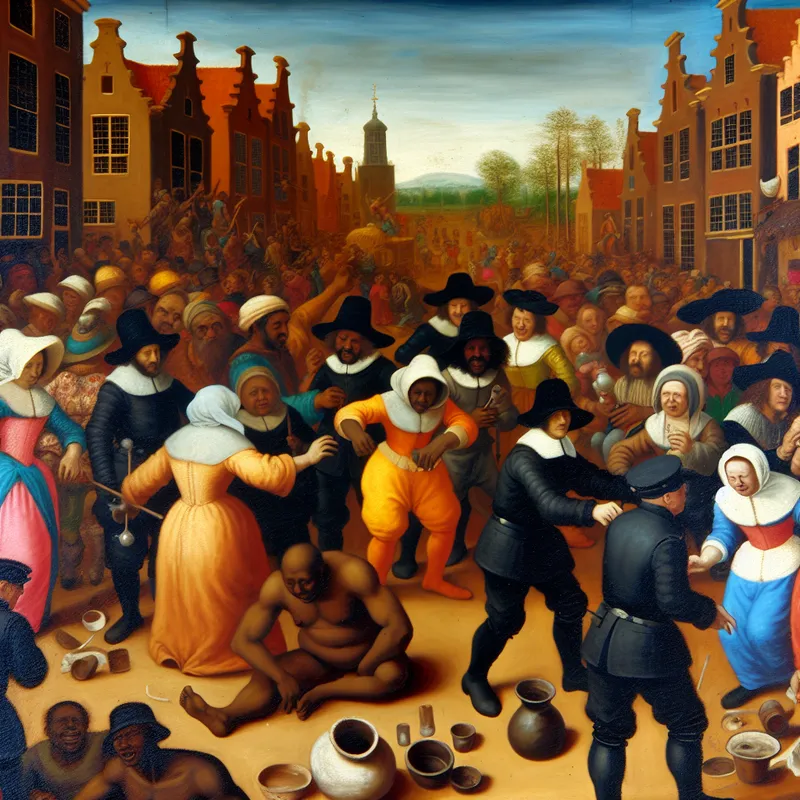 Een levendig straatbeeld met een festival waar mensen vieren, terwijl op de achtergrond politie een arrestatie doet.