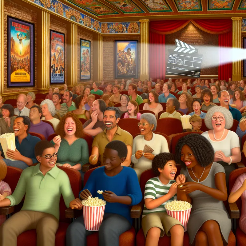 Een diverse menigte in een levendige theateromgeving, wachtend op de filmstart met een clapperboard als decor.