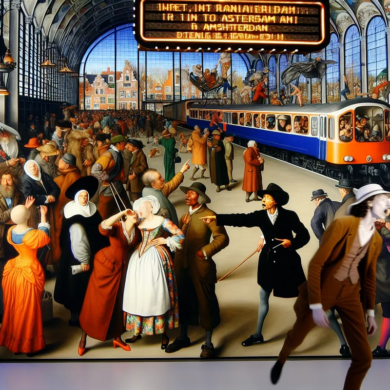 Een levendig treinstation met mensen die wachten op een trein, in de stijl van Peter Paul Rubens, met een grote, sierlijke borden die de trein naar Amsterdam aankondigt.