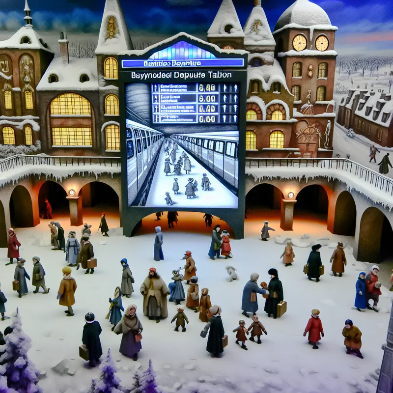 Een levendige winterscène in een druk metrostation met passagiers die in- en uitstappen.