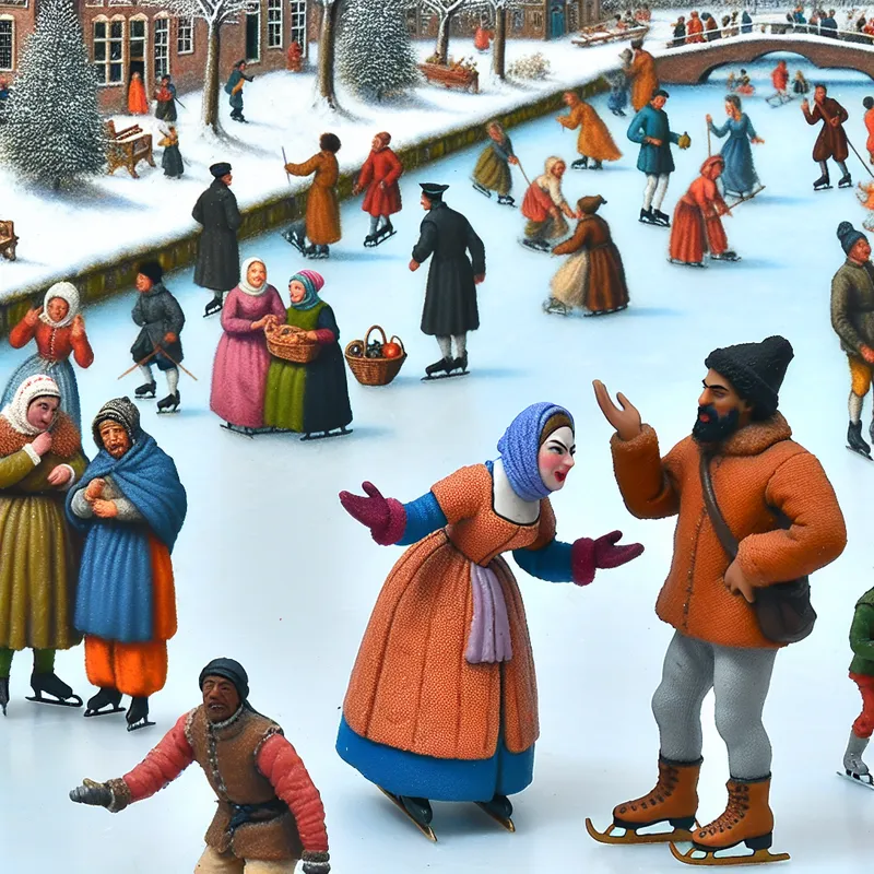 Winter tafereel in Avercamp-stijl met mensen op een bevroren kanaal, twee figuren in gesprek