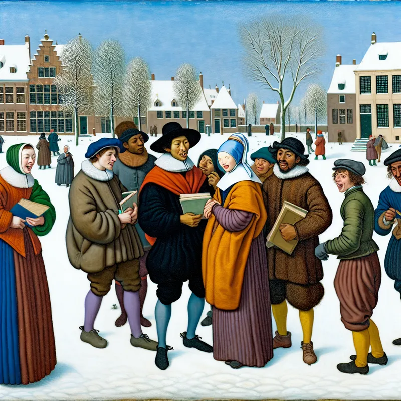 Een levendig winterlandschap met jongeren in een openbare ruimte die praten en plannen bespreken met boeken en schetsen.