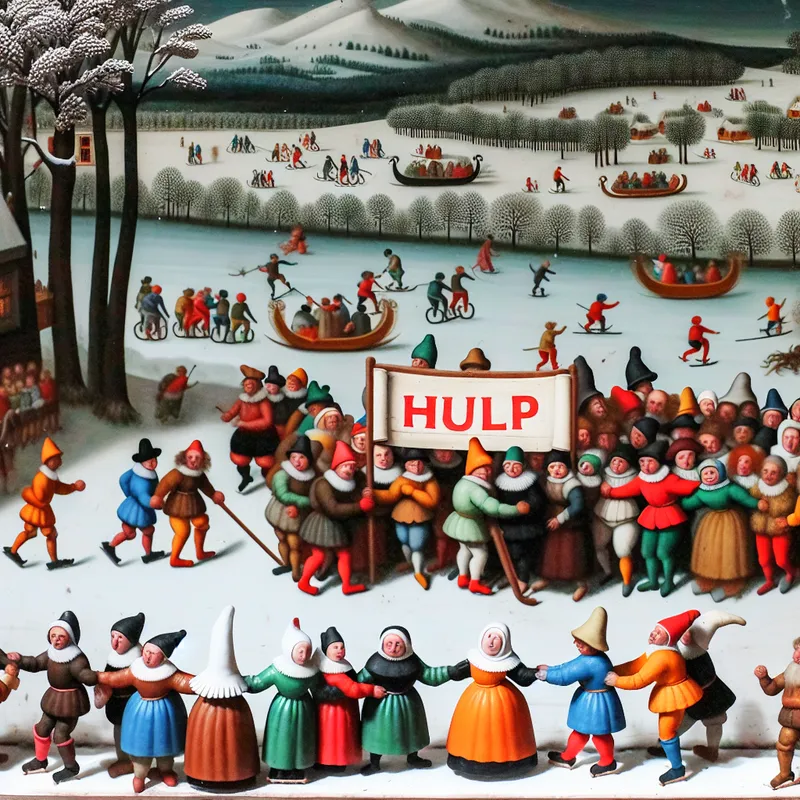 Een levendig winterlandschap met mensen die een banner dragen en anderen die samenwerken, geschilderd in de stijl van Hendrick Avercamp.