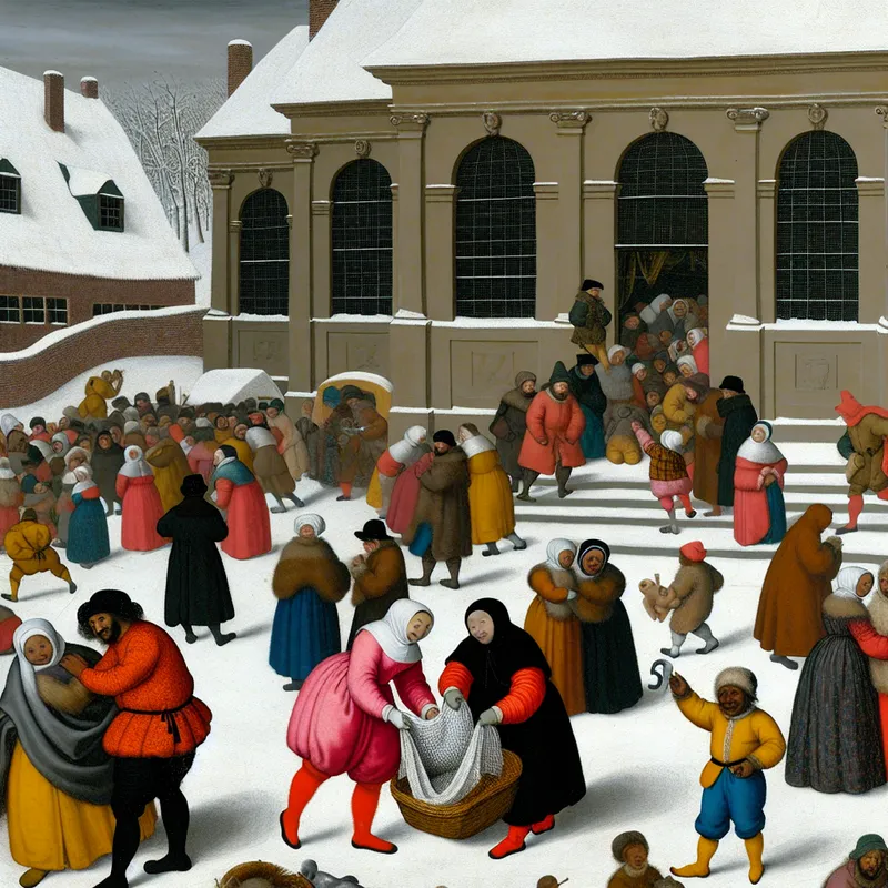 Lively winter landscape with figures and a concert hall
