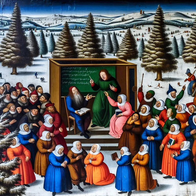 Een levendig winterlandschap met figuren die lesgeven en studeren, met een leraar die naar een schoolbord wijst.
