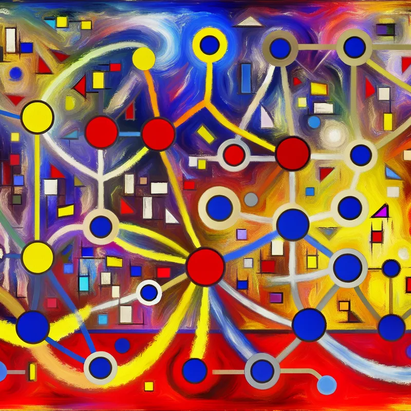 Abstracte digitale netwerkafbeelding met levendige knooppunten en dynamische lijnen die datapunten verbinden.