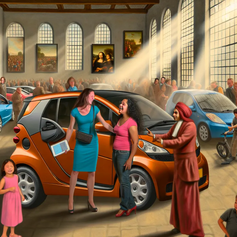 Een echtpaar bekijkt een milieuvriendelijke auto in een levendige autodealer, met een enthousiaste verkoper die de kenmerken aanwijst.