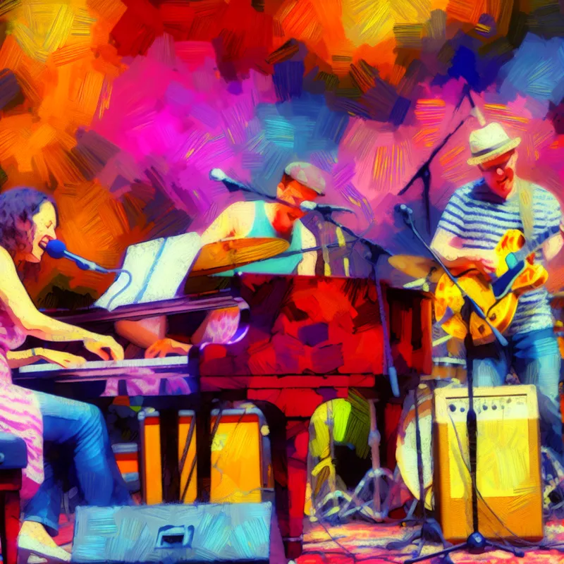 Vibrante band die op een kleurrijk podium speelt met verschillende muziekinstrumenten.