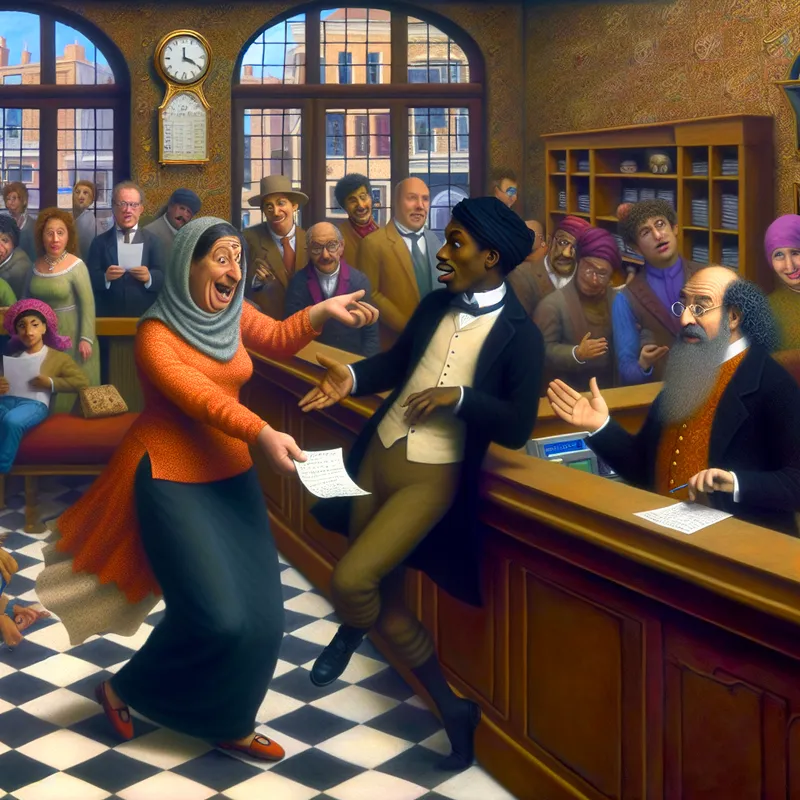 Een levendige bankomgeving met een persoon die zijn rekeningnummer overhandigt aan een verbouwereerde bankmedewerker, terwijl kinderen en klanten om hen heen kijken.