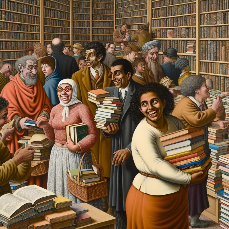 Jonge vrouw in een levendige bibliotheek met twee boeken onder haar armen, lachend met een vriendelijke bibliothecaresse.