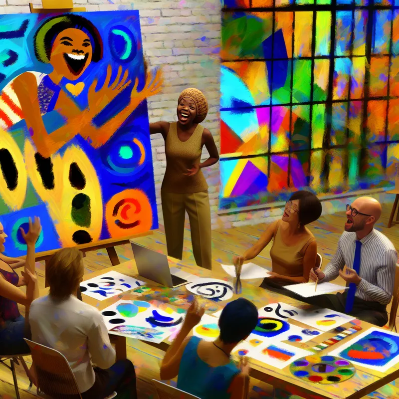 Een levendige, abstracte scène geïnspireerd door Karel Appel, met diverse mensen die enthousiast ideeën presenteren tijdens een meeting.