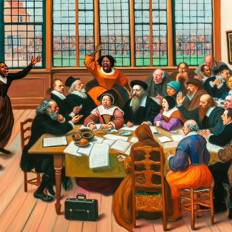 Een levendige bijeenkomst in een heldere kamer met diverse mensen die enthousiast praten en gebaren maken.