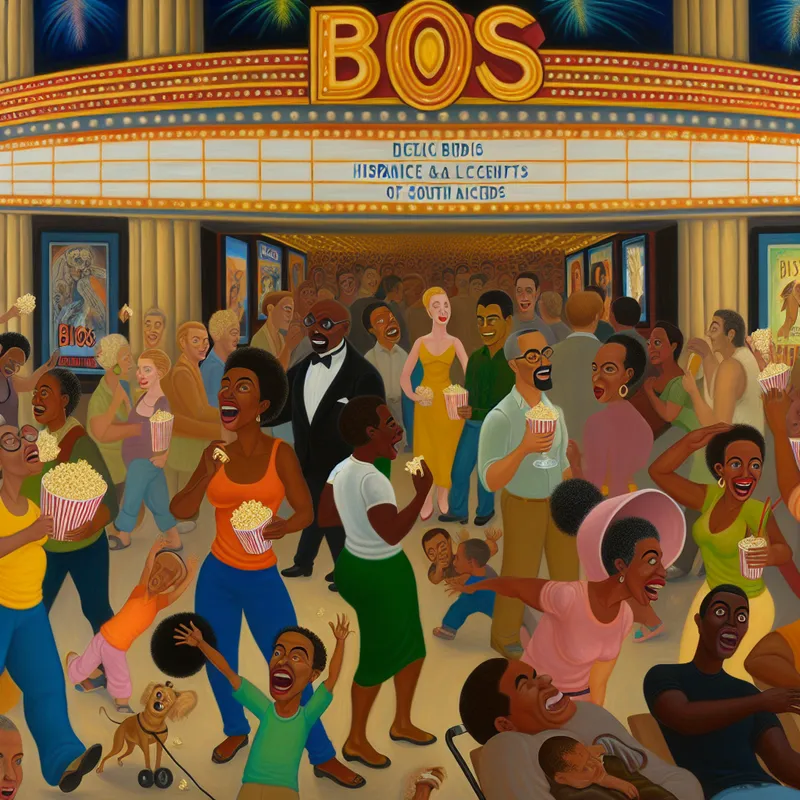 Drukke bioscoop ingang met enthousiaste bezoekers, kinderen en een hond, filmvertoning in een levendige setting