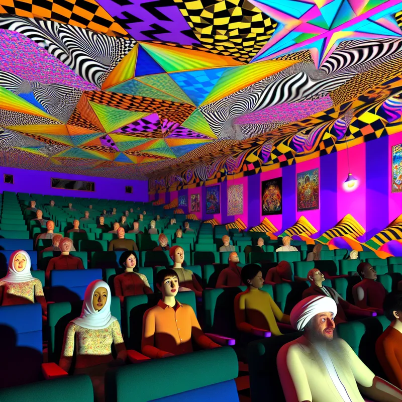 Een levendige en kleurrijke bioscoop met mensen die genieten van een film, met geometrische vormen en optische illusies