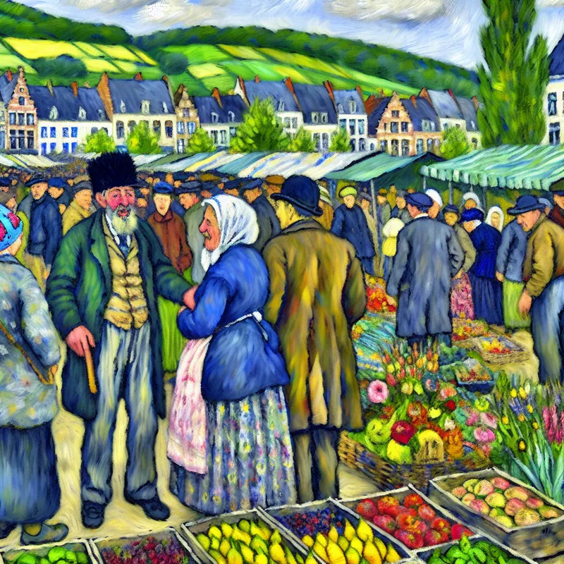 Een levendige buitenmarkt in Haspengouw met een vrolijk ouder echtpaar dat het lokale dialect spreekt, omringd door kleurrijke marktkramen.