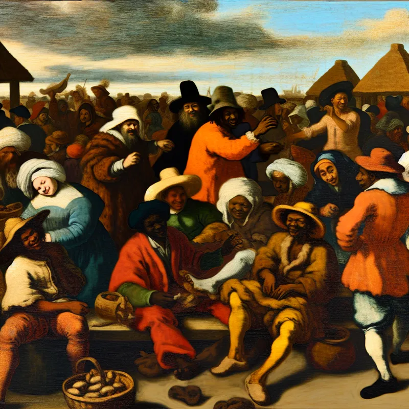 Druk outdoor evenement met mensen die in gesprek zijn en handelen op een markt onder een dynamische lucht van dag naar schemering.