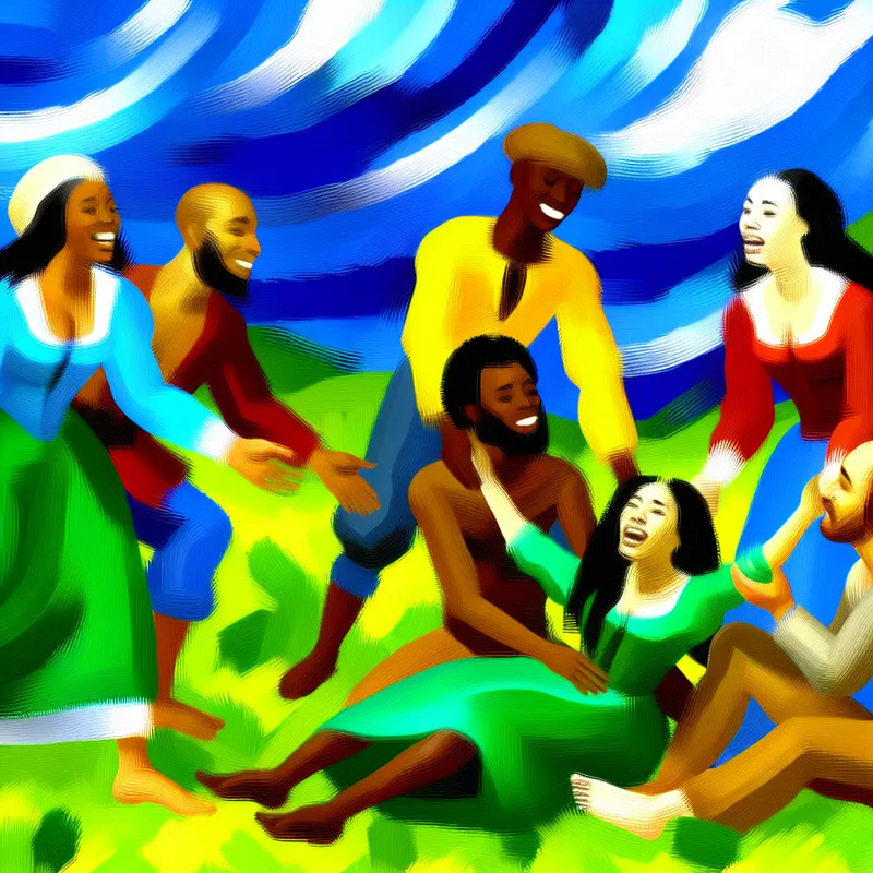 Een levendige buitenomgeving met een blauwe lucht en groen gras, waar mensen interactief en vriendelijk met elkaar omgaan.