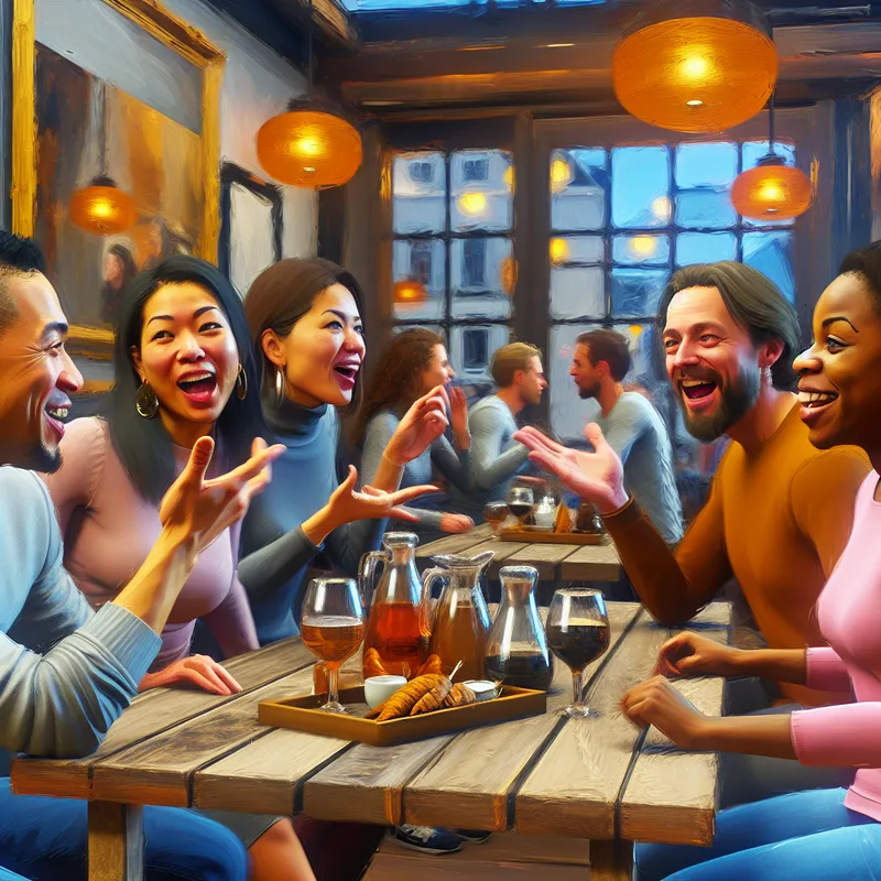 Groep vrienden in een café, levendig gesprek met blije gezichten en spontane gebaren.