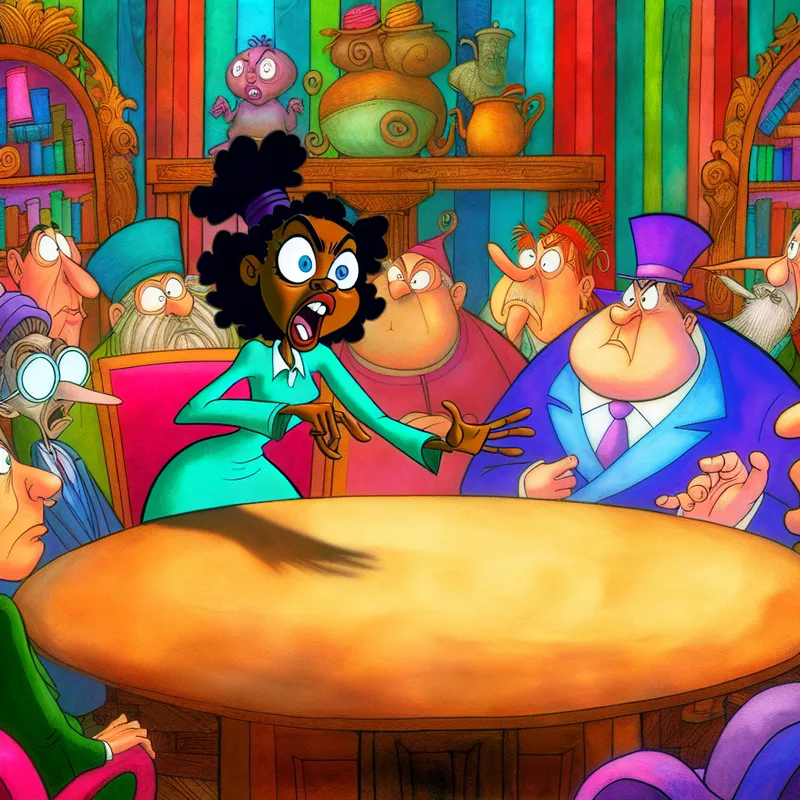 Een levendige cartoon van een jonge vrouw die enthousiast spreekt tijdens een discussie aan een grote tafel met diverse personages, elk met verschillende uitdrukkingen.