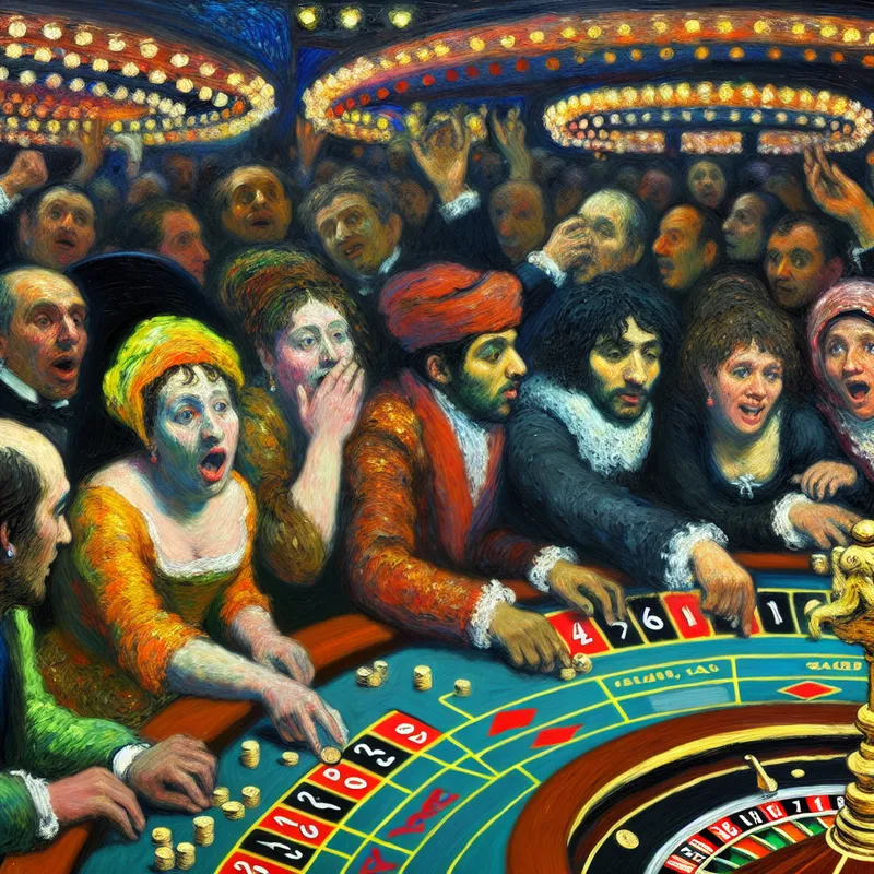 Een levendige scène in een druk casino met mensen die inzetten aan een rouletterad.