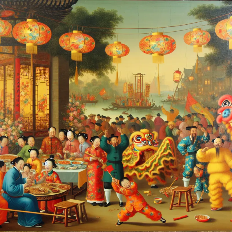 Vivid Chinese New Year celebration scene with people in traditional clothing, colorful decorations, and fireworks in the sky.