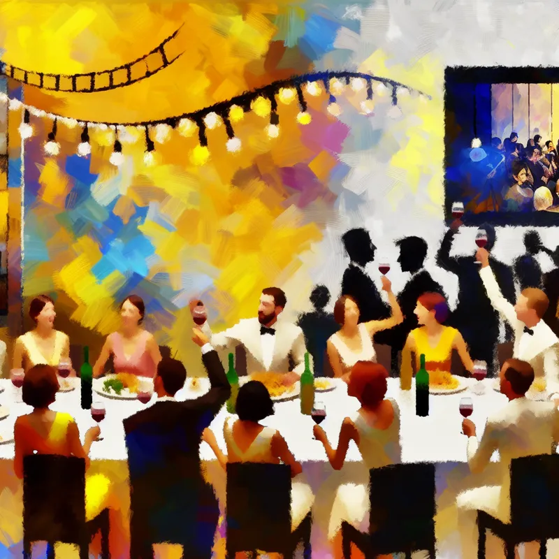 Een levendige dinerscene met gasten die om een mooi gedekte tafel zitten en in gesprek zijn, met een film screening op de achtergrond.