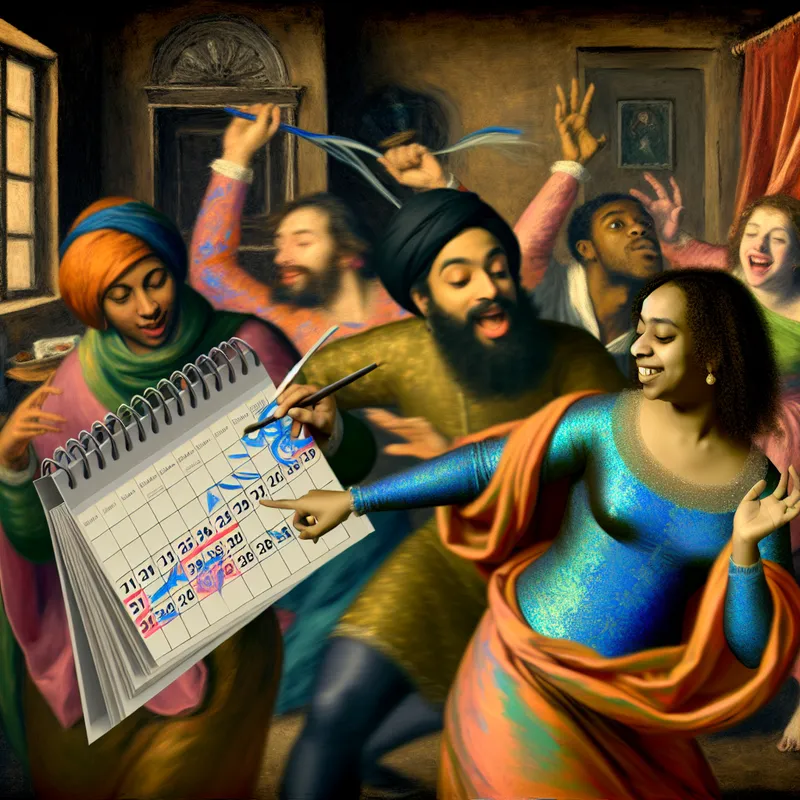 Een levendige discussiekamer in Barokstijl met mensen die animaties tonen en een calendar negeren.