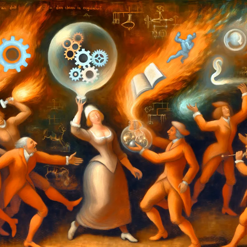 Een groep mensen van verschillende achtergronden in een levendige discussie, met een grote heldere bubbel vol symbolen zoals tandwielen, een boek en een plant, gesitueerd in een abstracte ruimte.