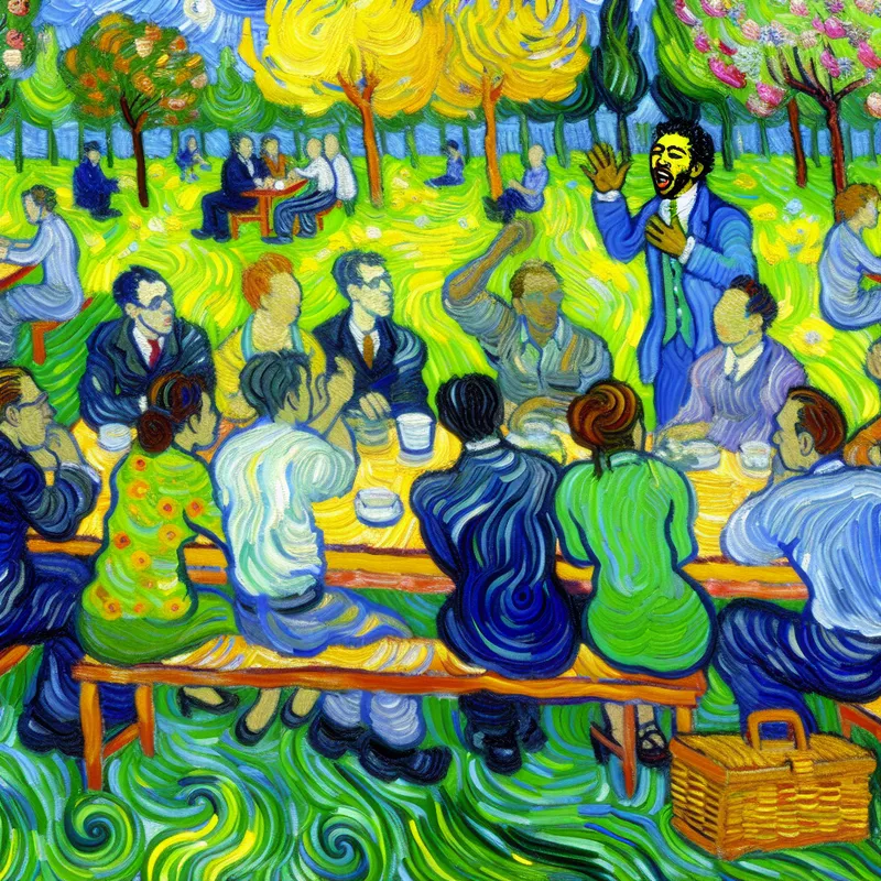 Vibrant painting of diverse individuals in lively discussion about environmental issues in a sunny park