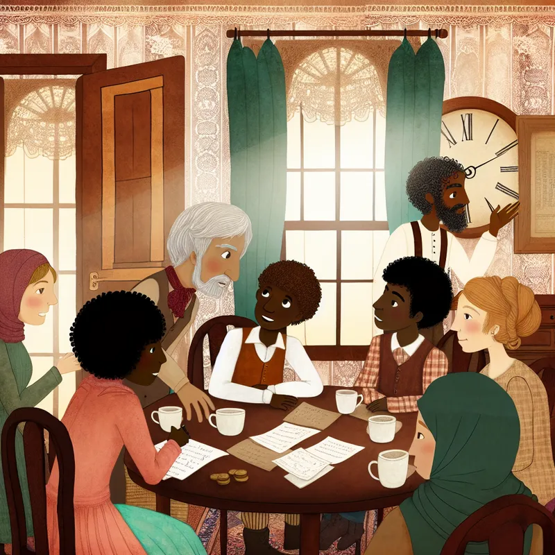 Een speelse illustratie van een levendige discussie in een warme vergaderruimte met mensen van verschillende leeftijden die animated met elkaar praten.