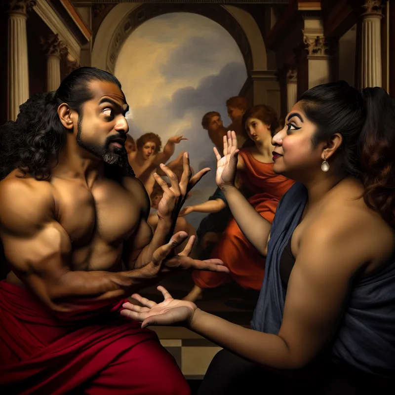 Twee mensen in een grandioze omgeving hebben een levendige discussie; een persoon gebaart uitdrukkelijk terwijl de ander aandachtig luistert.