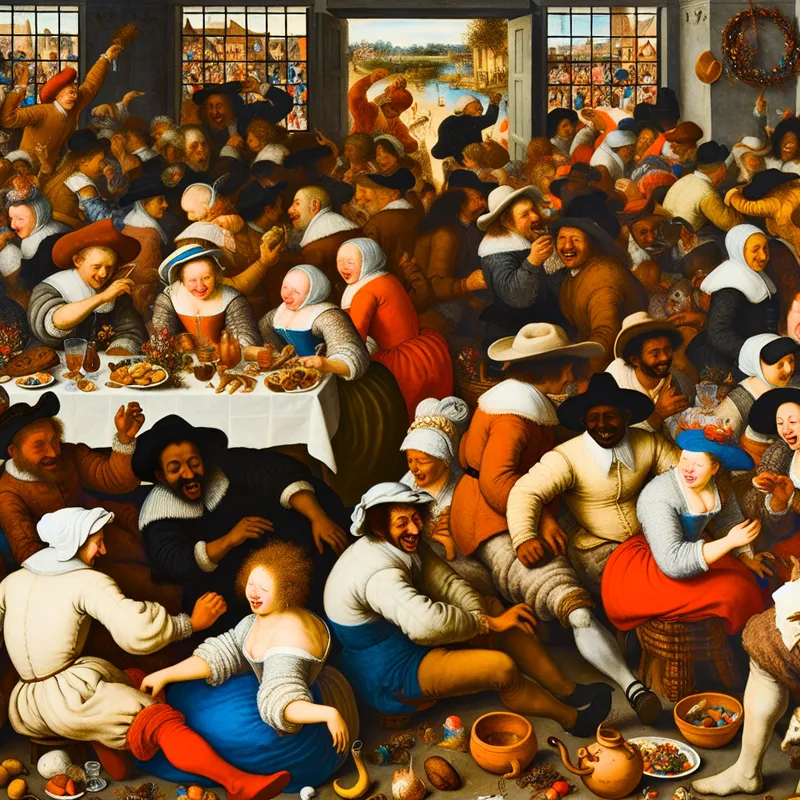 Een levendige en chaotische feestscene met een diverse groep mensen die genieten van een feestelijke bijeenkomst.