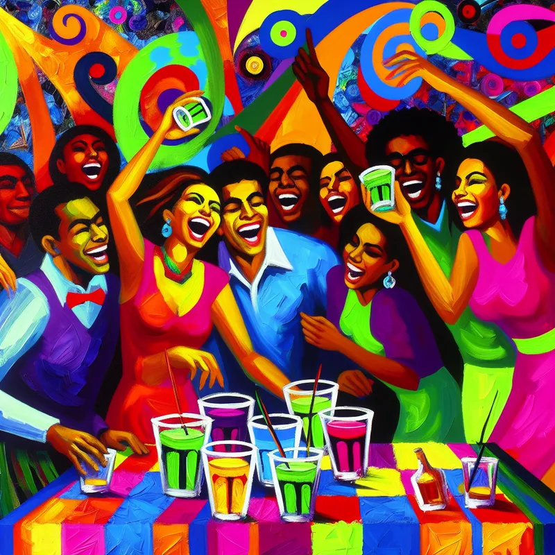 Groep vrienden die deelnemen aan een levendig drinkspel op een feestje, omringd door kleurrijke decoraties en abstracte vormen.