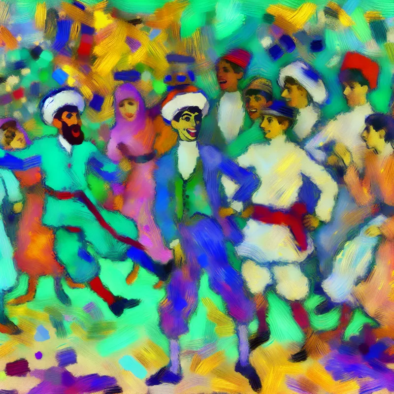 Abstract kleurrijke scène van een levendig feest met speelse karakters. Een personage met een blije uitdrukking vertoont geestige fratsen. Achtergrond vol gedurfde kleuren en energieke penseelstreken.