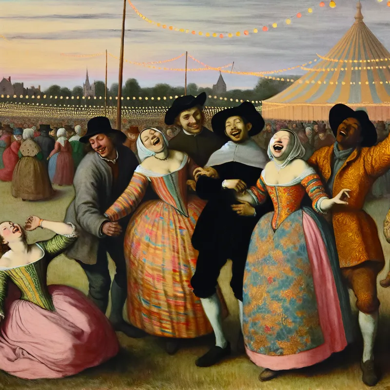 Groep diverse vrienden die lachen en plezier beleven op een festival, met kleurrijke kleding en feestelijke decoraties op de achtergrond.